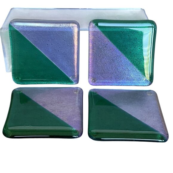 Handmade Green Purple Fused Art Glass Pastry Coasters Set Of 4 Abstract Artsy - Picture 3 of 8